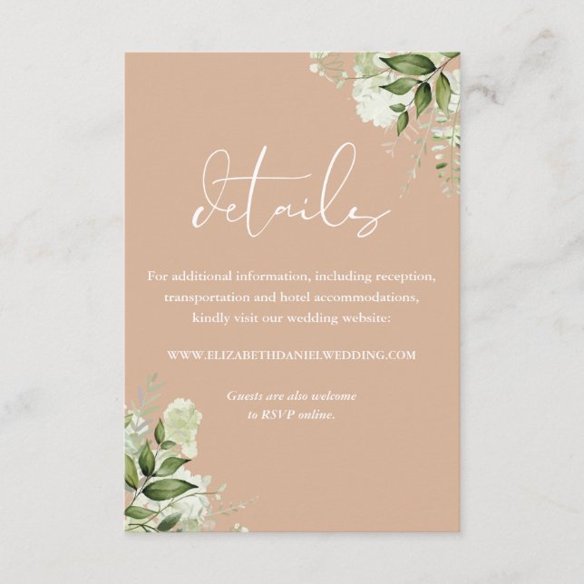 Cartão De Informações Detalhes do Casamento Floral de Tan Greenery (Frente)