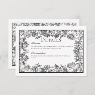 Cartão De Informações Detalhes do Casamento Floral de Vintage em Preto e
