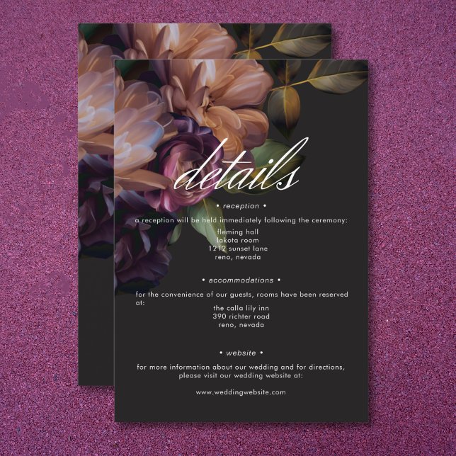 Cartão De Informações Detalhes do Casamento Floral do Moody Negro Elegan (Elegant Black Moody Floral Wedding Details Enclosure Card)