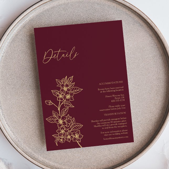 Cartão De Informações Detalhes do Casamento Floral Dourado Burgundy (Criador carregado)
