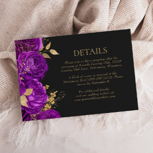 Cartão De Informações Detalhes do Casamento Floral Dourado Roxo Enclosur