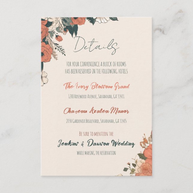 Cartão De Informações Detalhes do Casamento Floral Elegante (Frente)