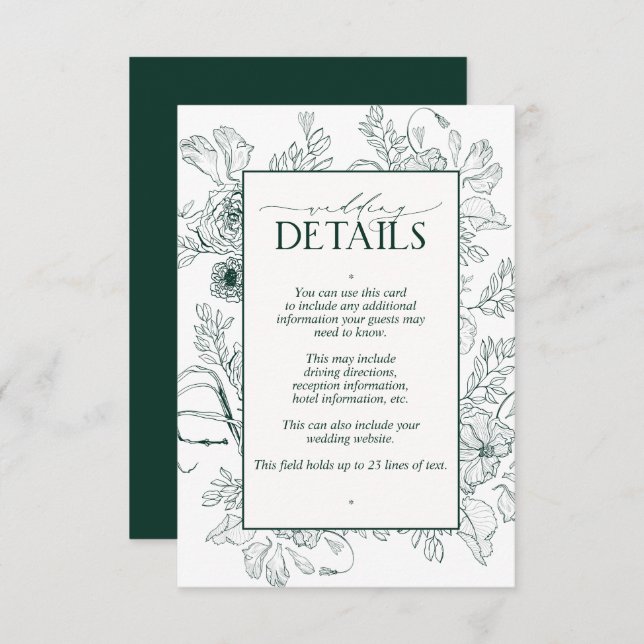 Cartão De Informações Detalhes do Casamento Floral Elegante Emerald Gree (Frente/Verso)