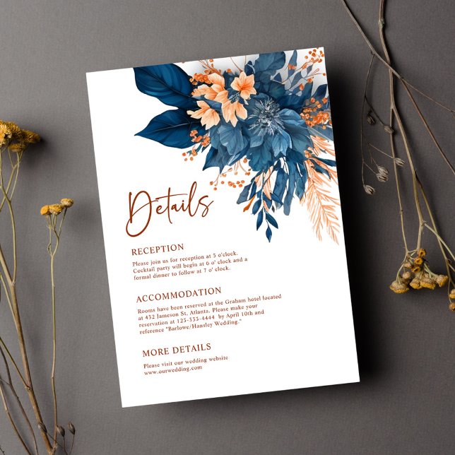 Cartão De Informações Detalhes do Casamento Floral Indigo Rust (Indigo Rust Floral Wedding Details Enclosure Card)