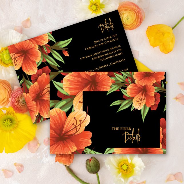 Cartão De Informações Detalhes do Casamento Floral Laranja-Laranja-bonit (Pretty Watercolor Orange Floral Wedding Details Enclosure Card)