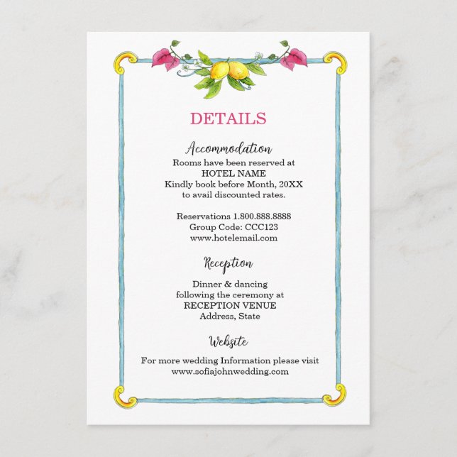 Cartão De Informações Detalhes do casamento floral mediterrânico Amalfi (Frente)