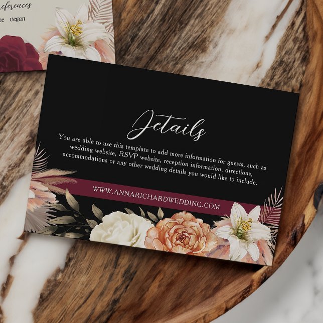 Cartão De Informações Detalhes do Casamento Floral Negro Burgundy (Criador carregado)