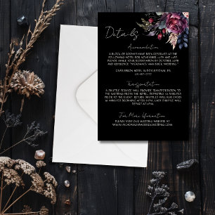 Cartão De Informações Detalhes do Casamento Floral Negro Elegante