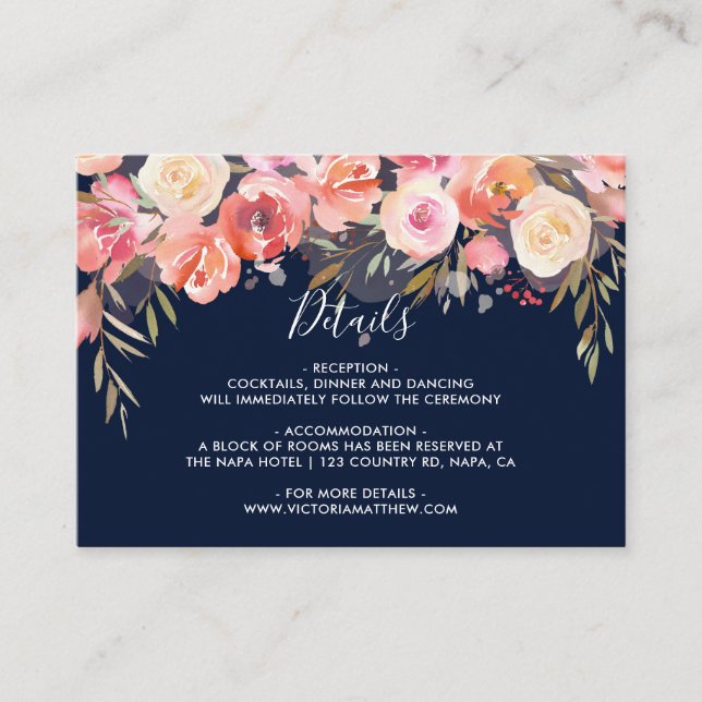 Cartão De Informações Detalhes do Casamento Floral Romântico Blush Bloom (Frente)
