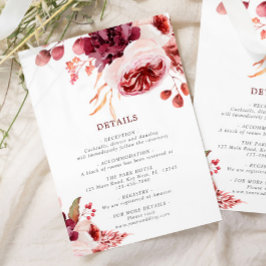 Cartão De Informações Detalhes do Casamento Floral Rosa da Bohemian Fall