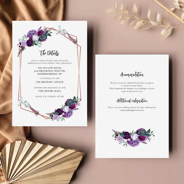 Cartão De Informações Detalhes do Casamento Floral Roxo (Purple Floral Wedding Details Card)