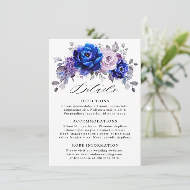 Cartão De Informações Detalhes do Casamento Floral Roxo-Lilac Roxo Real (Em pé/Frente)