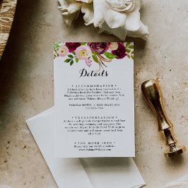 Cartão De Informações Detalhes do Casamento Floral Rustic Blush Burgundy