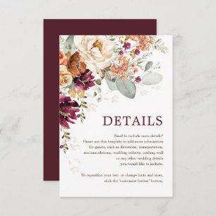 Cartão De Informações Detalhes do Casamento Floral Rustic Boho Burgundy