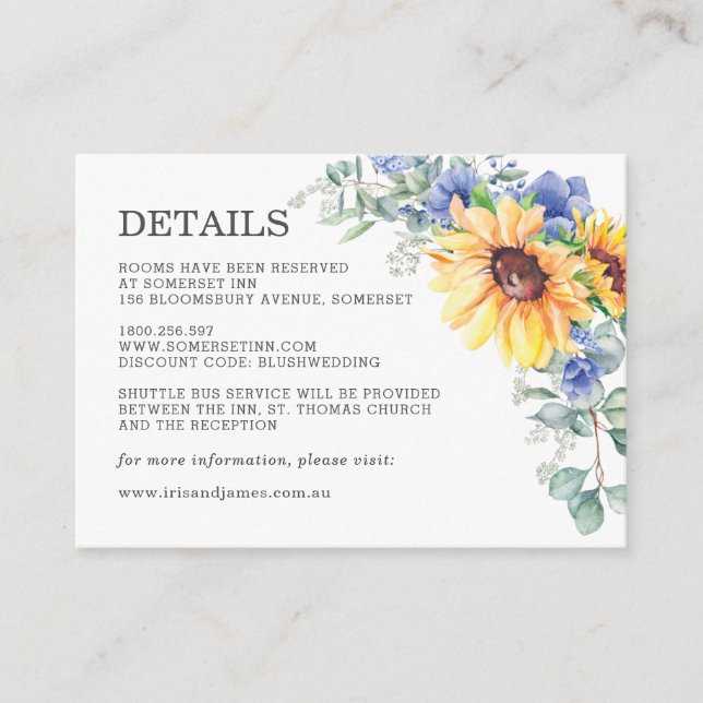 Cartão De Informações Detalhes do Casamento Floral Rustic Sunflower Blue (Frente)