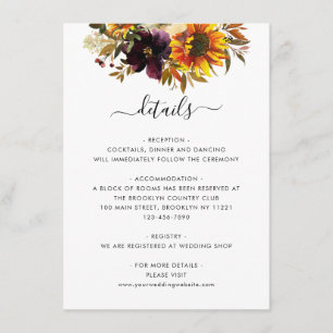 Cartão De Informações Detalhes do Casamento Floral Rustic Sunflower Burg