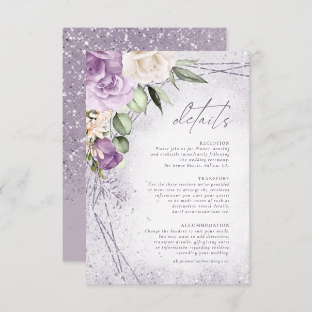 Cartão De Informações Detalhes do Casamento Floral Sparkles Mauve ID889 (Frente/Verso)