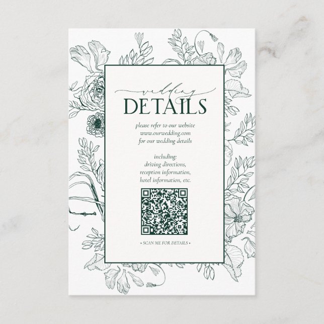 Cartão De Informações Detalhes do Casamento Floral Verde Emerald (Frente)