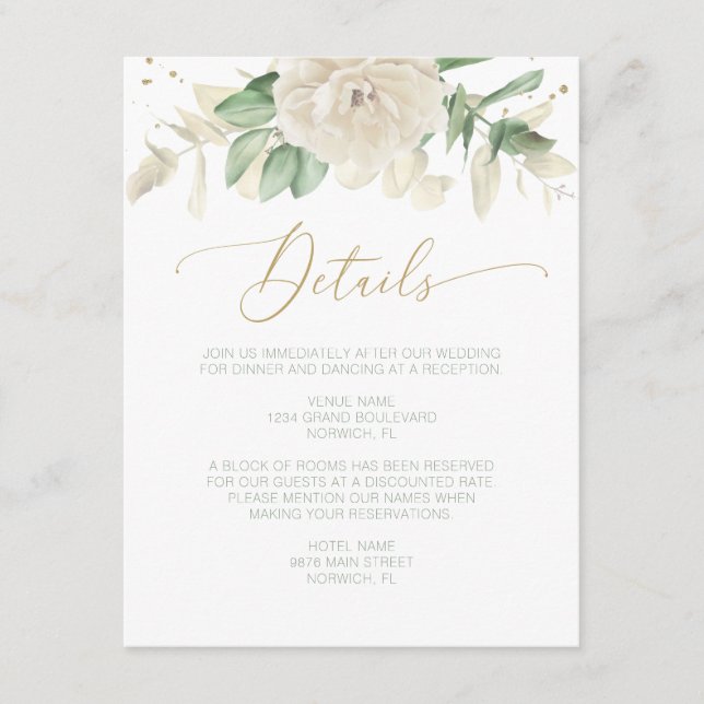 Cartão De Informações Detalhes do Casamento Floral Verde Moderno Elegant (Frente)