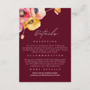 Cartão De Informações Detalhes do Casamento Floral Vermelho e Borgonha