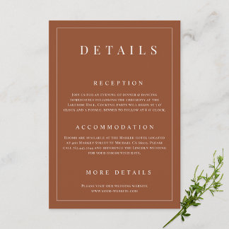 Cartão De Informações Detalhes do Casamento Formal Elegante Terracotta