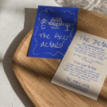 Cartão De Informações Detalhes do Casamento Funky Moderno e Simples da M<br><div class="desc">Detalhes simples e na moda retro colorido das informações do convidado de casamento. Com um fundo leitoso cremoso e uma disposição de texto escrito à mão azul com textos brancos e com uma estrutura viscosa e peculiar desenhada à mão. Com um copo de champanhe desenhado à mão, bolo e garrafa...</div>