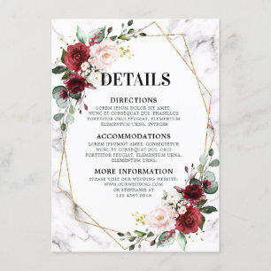 Cartão De Informações Detalhes do Casamento Geométrico de Burgundy Flora