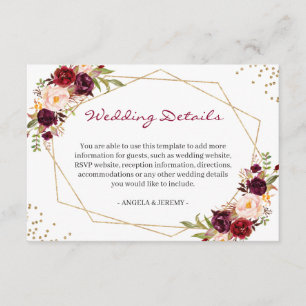 Cartão De Informações Detalhes do Casamento Geométrico Dourado do Burgun