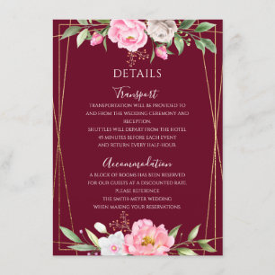 Cartão De Informações Detalhes do Casamento Geométrico Floral Rosa-Rosa-