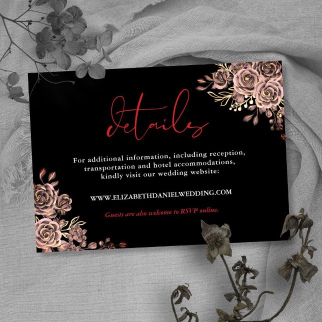 Cartão De Informações Detalhes Do Casamento Gótico De Rosas Florais Pret (Black And Red Floral Roses Gothic Wedding Details Enclosure Card)