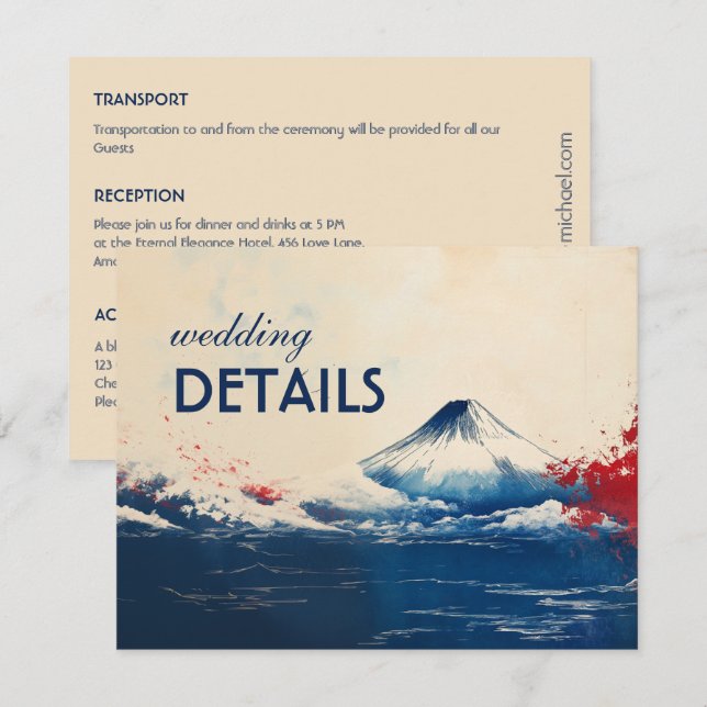 Cartão De Informações Detalhes do casamento Harmonia Japonesa com Fuji (Frente/Verso)