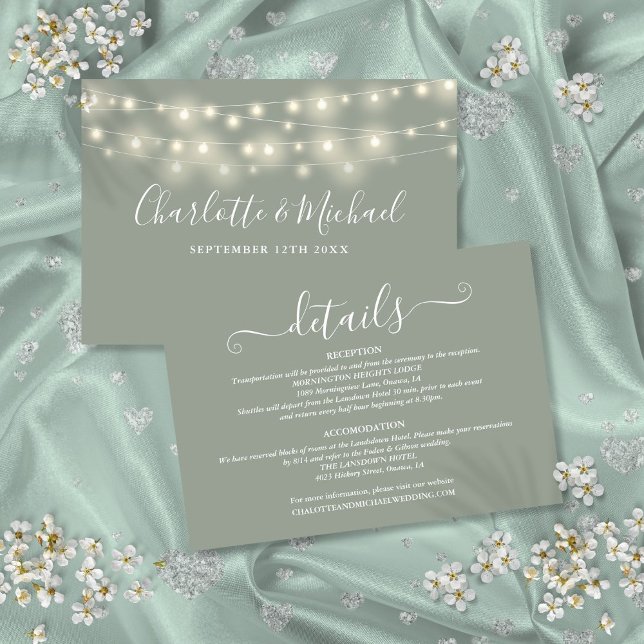 Cartão De Informações Detalhes do Casamento Luzes de Primavera do Script (Wedding Details Spring Lights Script Sage Green Enclosure Card)