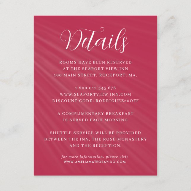 Cartão De Informações Detalhes do Casamento Magenta de Script Simples (Frente)