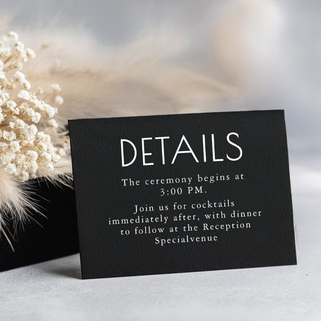Cartão De Informações Detalhes do Casamento Minimalista Moderno Negro e  (Black Modern and Elegant Wedding Details Card)