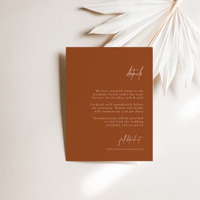 Cartão De Informações Detalhes do Casamento Mínimo Elegante Laranja Boho (Boho Brunt Orange Elegant Minimal Wedding Details Enclosure Card)