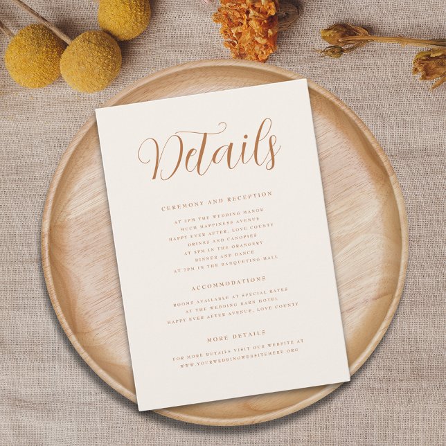 Cartão De Informações Detalhes do Casamento Moderno do Script Elegante T (Minimalist terracotta beige cream wedding details elegant modern script)