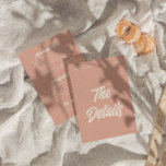 Cartão De Informações Detalhes do casamento moderno e divertido retrô<br><div class="desc">Detalhes simples e na moda retro colorido das informações do convidado de casamento. Com fundo cor-de-rosa pálido e layout de texto branco cremoso. Todas as informações são personalizáveis como site,  transporte,  alojamento. Pegue junto com outros produtos desta mão clássica feita na suíte de casamento retrô.</div>