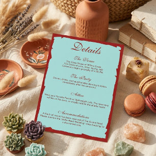 Cartão De Informações Detalhes do Casamento Moderno em Aqua Teal e Verme