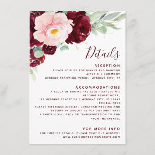 Cartão De Informações Detalhes do Casamento Moderno Floral de Blush Burg