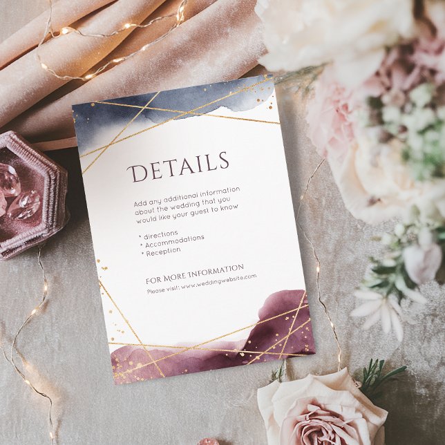 Cartão De Informações Detalhes do casamento moderno geométrico da Dusk W (Dusk Watercolor Geometric Modern Wedding details Enclosure Card)