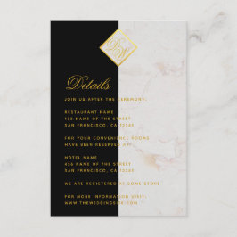 Cartão De Informações Detalhes do Casamento Monograma Preto Branco Mármo