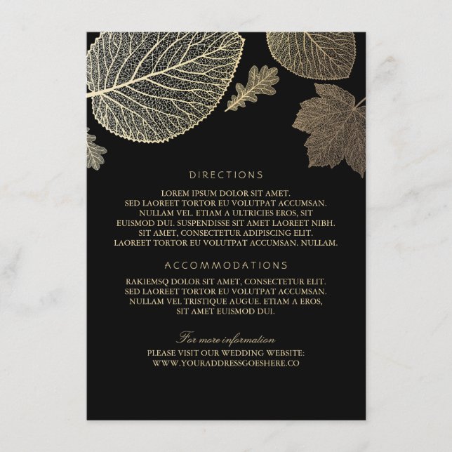 Cartão De Informações Detalhes do Casamento Negro de Folhas Douradas - I (Frente)