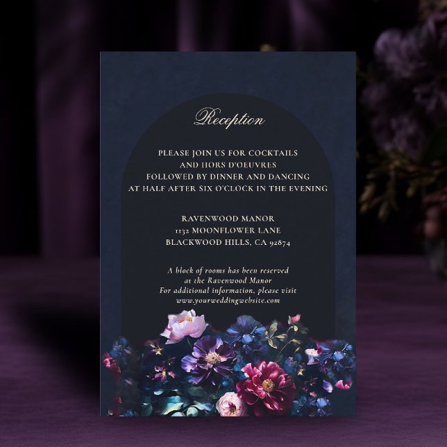 Cartão De Informações Detalhes do Casamento Negro Floral Romântico Moody (dark moody wedding details card purple black jewel tones dutch painting romantic gothic)
