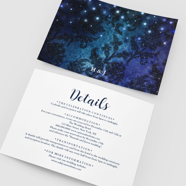 Cartão De Informações Detalhes do Casamento no inverno Azul Elegante do  (Elegant Navy Blue White Winter Wedding Details Enclosure Card
)