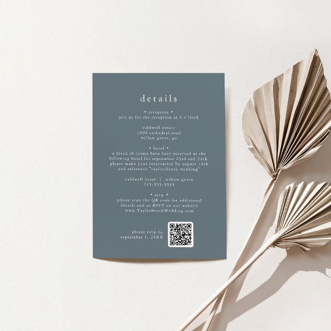 Cartão De Informações Detalhes do Casamento no inverno azul escuro minim (EMELIA Minimalist Dark Blue Winter Wedding Details Enclosure Card)
