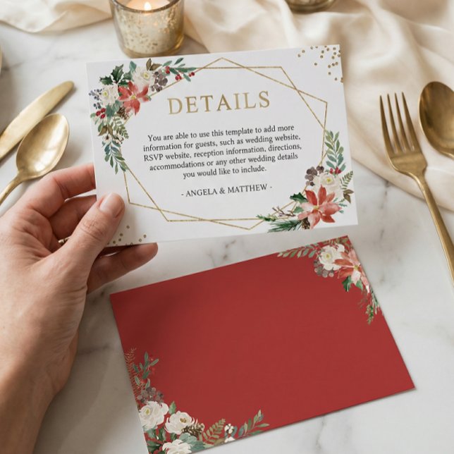 Cartão De Informações Detalhes do Casamento no inverno Floral Red Poinse (Criador carregado)