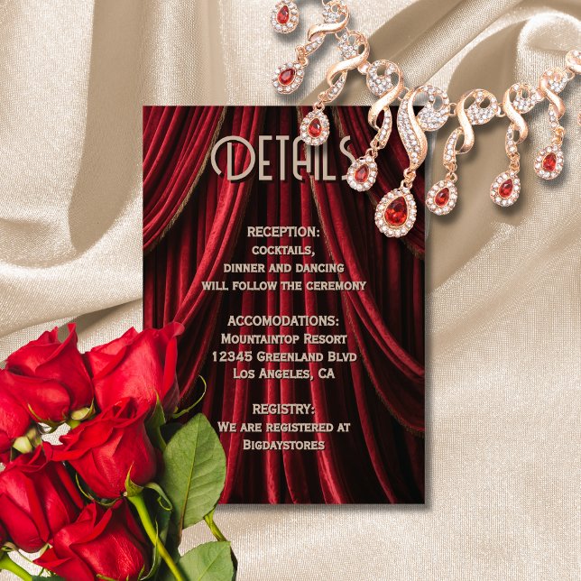 Cartão De Informações Detalhes do Casamento no Tapete Vermelho de Filme  (Front view glamorous elegance star studded event, golden glitz – Red Carpet Wedding Details Card)