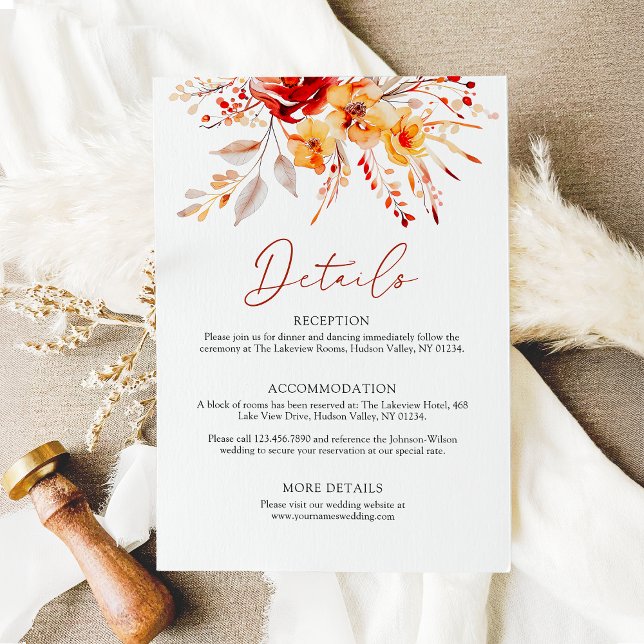 Cartão De Informações Detalhes do Casamento outono de Aquarela Floral El (Bold watercolor floral wedding details card)