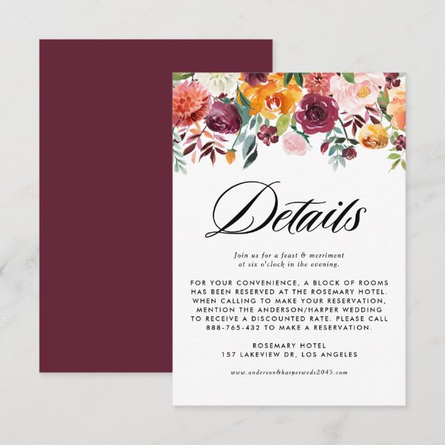 Cartão De Informações Detalhes do Casamento outono Floral Garland de Aut (Frente/Verso)