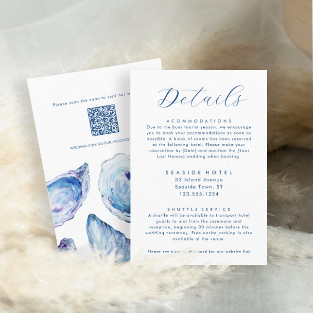 Cartão De Informações Detalhes do Casamento Oyster Informações do Hotel  (Oyster Wedding Details and Hotel Information with QR Code and Elegant blue watercolor oyster shells)